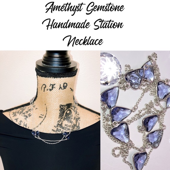 Heart Amethyst Gemstone Handmade Station Necklace - Picture 2 of 4